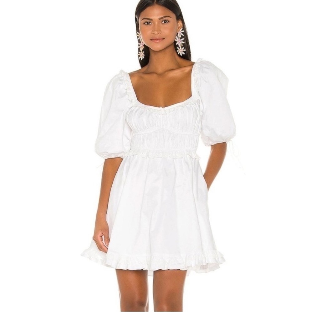 For Love & Lemons Jackson Puff Sleeve Cotton Mini Dress in Ivory Size S